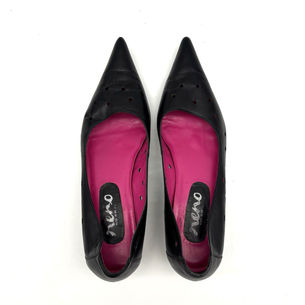1980s San Reno 'KATI' Black Holey Leather Point Toe Kitten Heel Pump 6.5B Brazil - Picture 9 of 15
